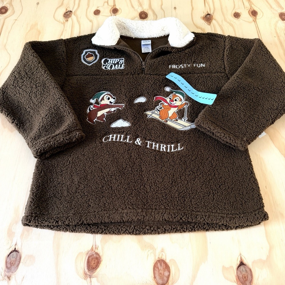 Disney Chip & Dale Sherpa Fleece Pullover Womens L brown soft winter graphic NWT